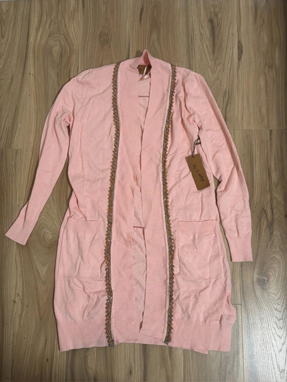 Light Pink Open-Front Long Cardigan with Decorative Trim